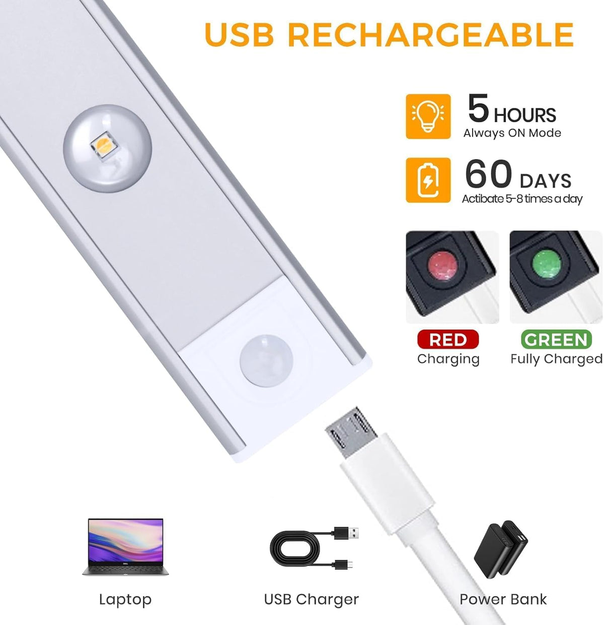 Wireless Motion-Sensor Under-Cabinet LED Light – USB Rechargeable Lamp