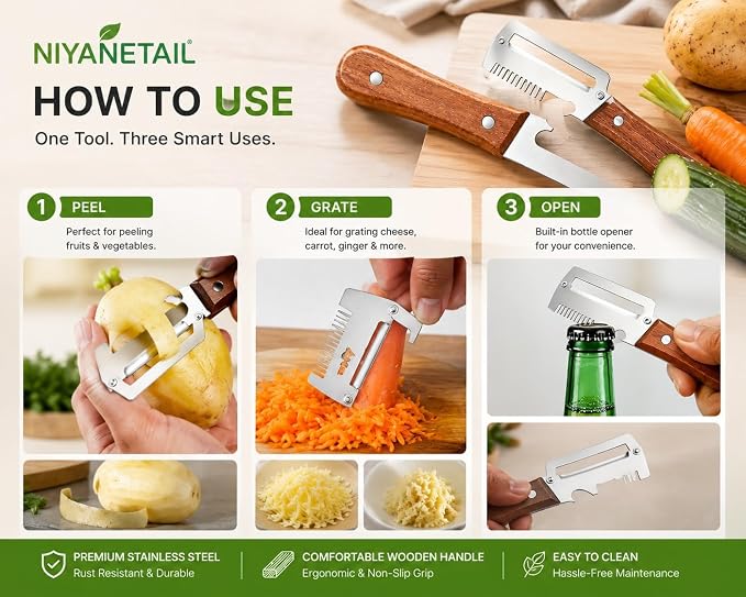 3-in-1 Stainless Steel Vegetable Peeler – Grater & Bottle Opener